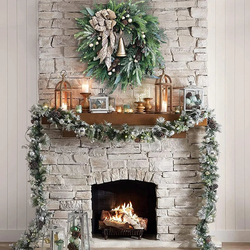 Farmhouse Christmas wreath with green pine foliage, red berries, and oversized golden bells — view 5