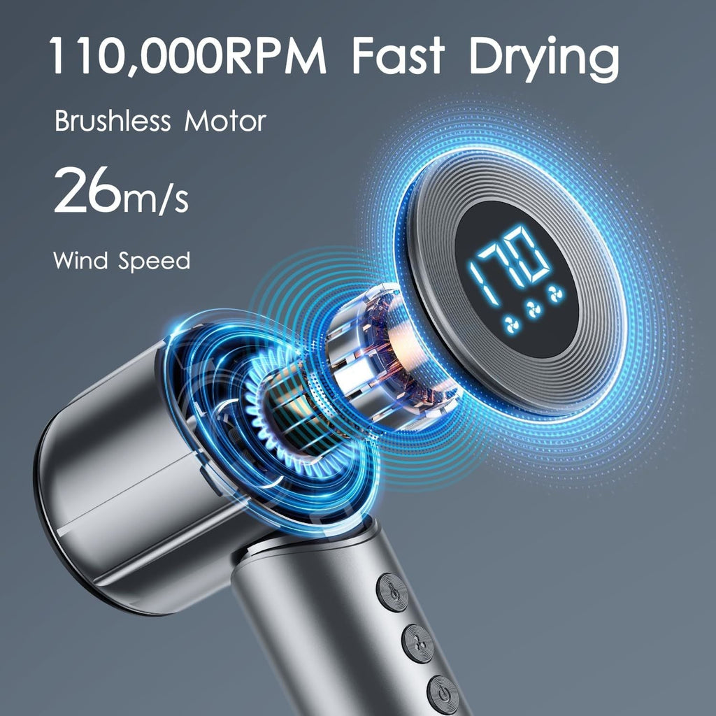 Professional fast-drying ionic hair dryer with magnetic nozzle and sleek modern finish