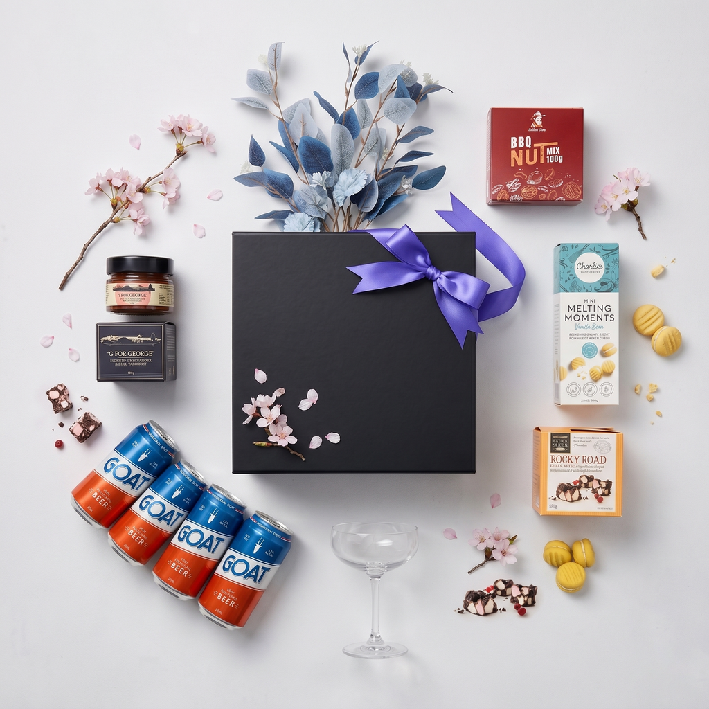 Father's Day beer and snack gift hamper in a black magnetic box with blue bow — view 4