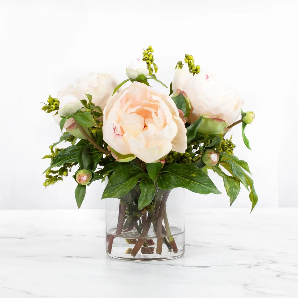 Faux Peony Arrangement in Glass Vase-0