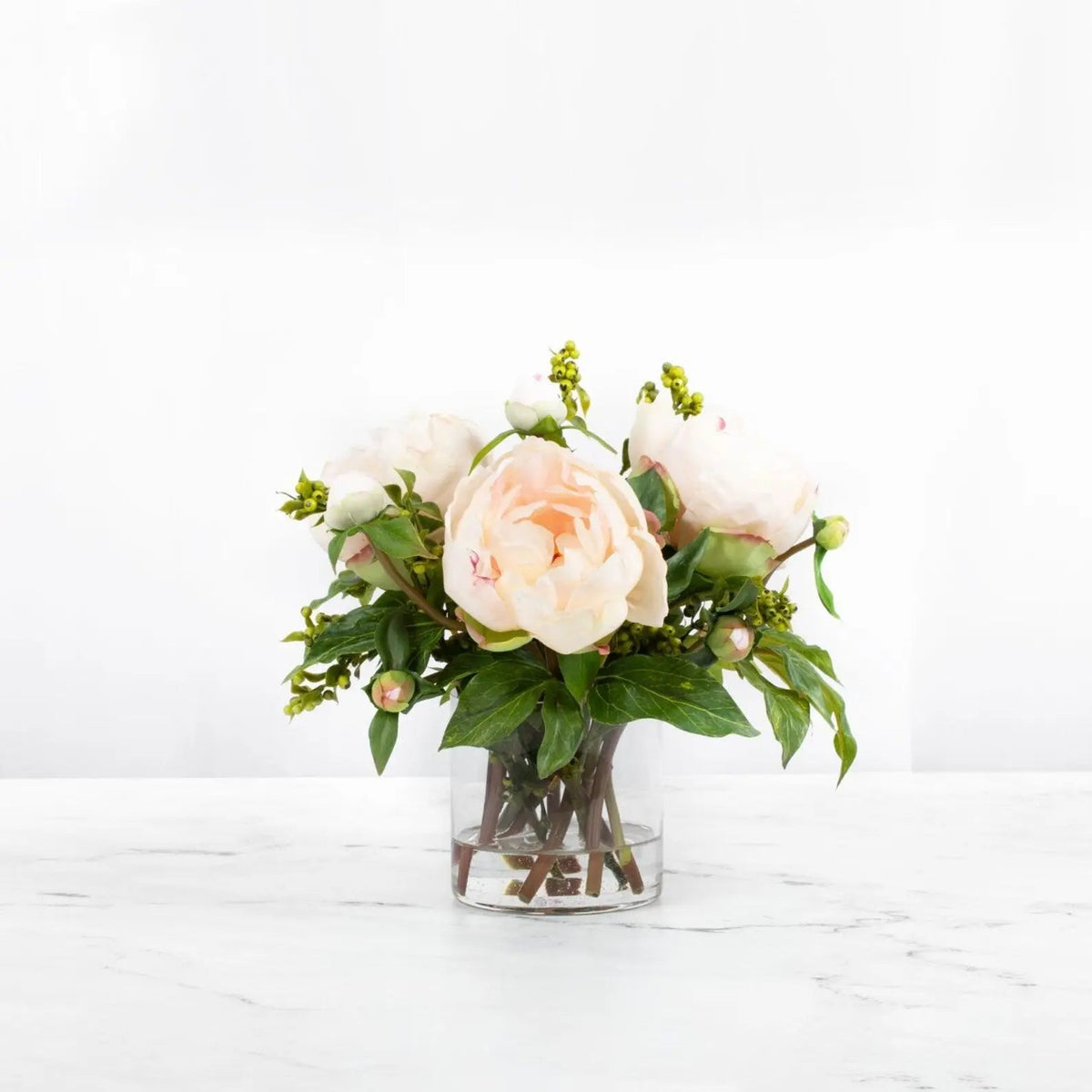 Faux Peony Arrangement in Glass Vase-2