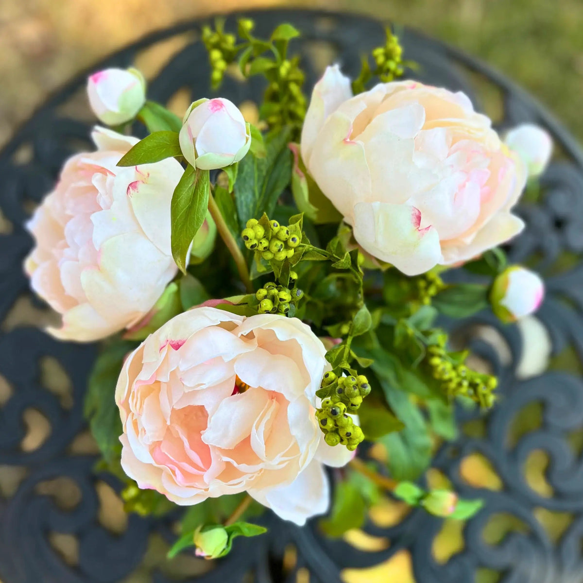Faux Peony Arrangement in Glass Vase-3