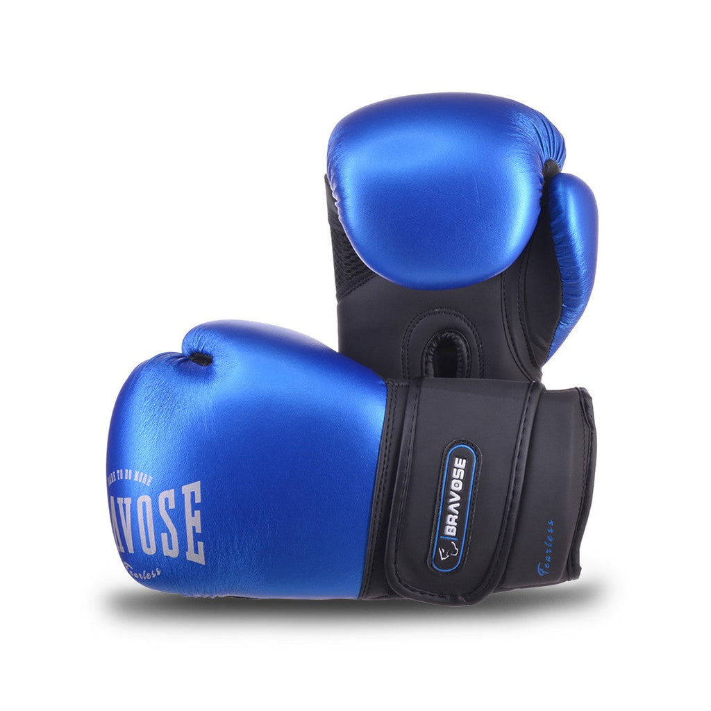Fearless blue kids boxing gloves in metallic synthetic leather with hook and loop strap