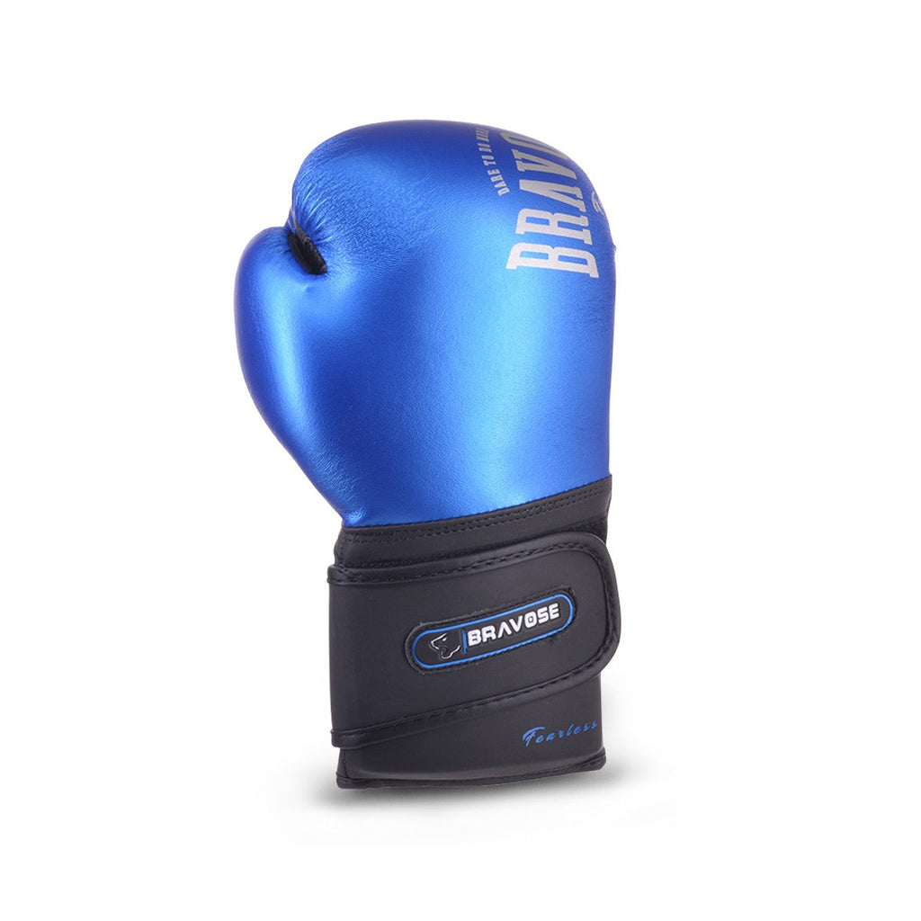 Fearless blue kids boxing gloves in metallic synthetic leather with hook and loop strap — view 2