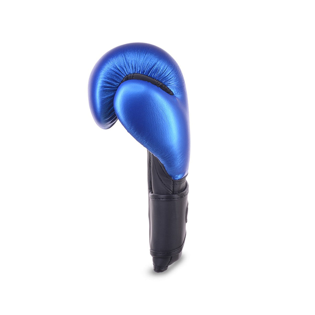 Fearless blue kids boxing gloves in metallic synthetic leather with hook and loop strap — view 3