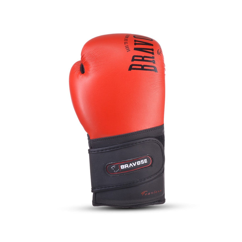 Metallic red junior boxing gloves made of synthetic leather with secure velcro fastening straps. — view 2