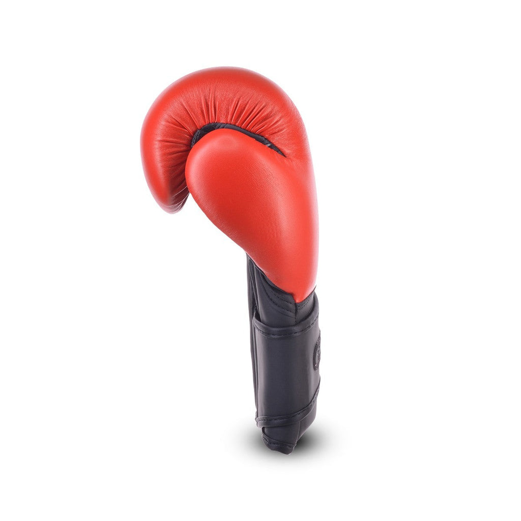 Metallic red junior boxing gloves made of synthetic leather with secure velcro fastening straps. — view 3