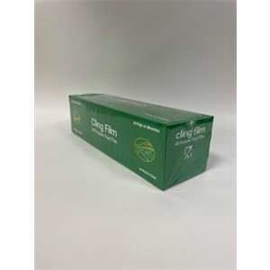 Clear 18-inch commercial PVC food wrap roll housed inside a green dispenser box with built-in cutter