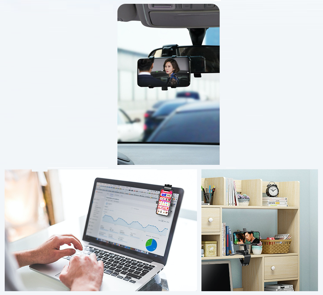 Car phone mount holder attached to a rear view mirror with a smartphone securely inserted — view 3