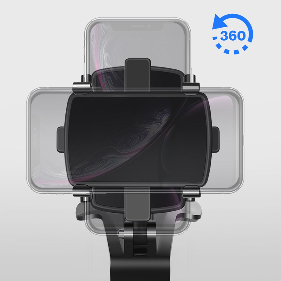 Car phone mount holder attached to a rear view mirror with a smartphone securely inserted — view 4