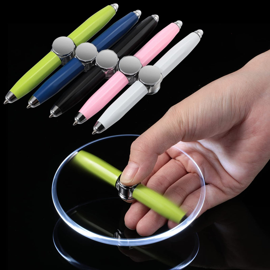 Fingertip gyro ballpoint pen in sleek metal, featuring an integrated spinning fidget top and LED.
