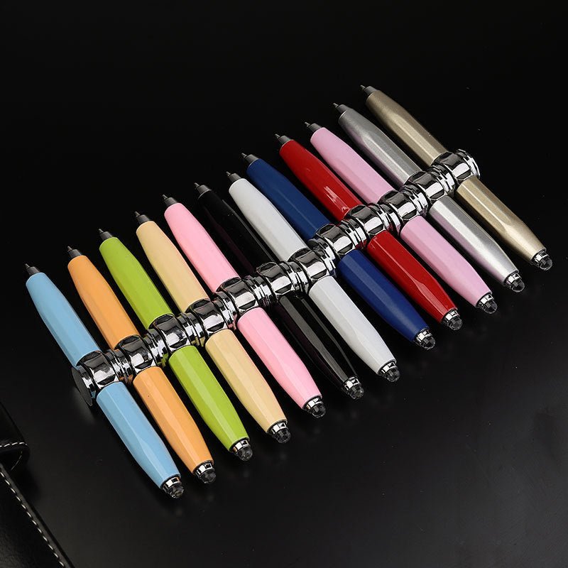 Fingertip gyro ballpoint pen in sleek metal, featuring an integrated spinning fidget top and LED. — view 2