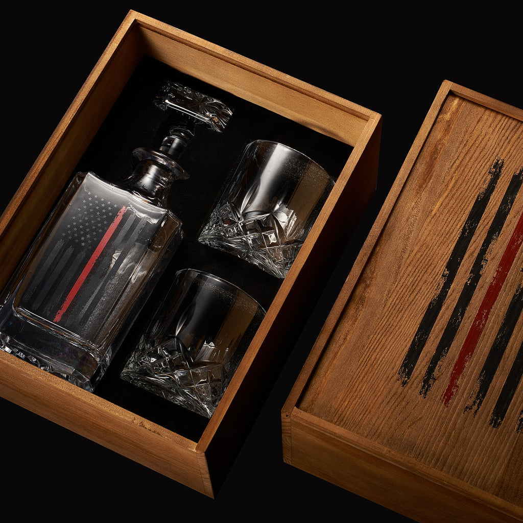 Firefighter whiskey decanter set with two glasses and red tactical American flag in wooden box — view 3