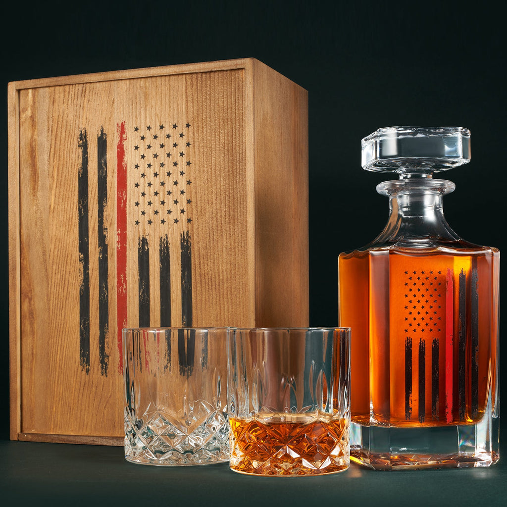 Firefighter whiskey decanter set with two glasses and red tactical American flag in wooden box — view 2