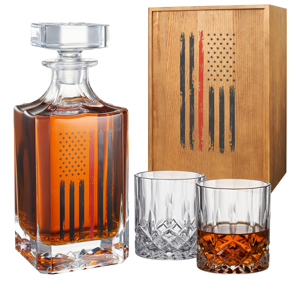 Firefighter whiskey decanter set with two glasses and red tactical American flag in wooden box