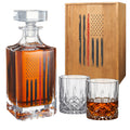 Firefighter whiskey decanter set with two glasses and red tactical American flag in wooden box