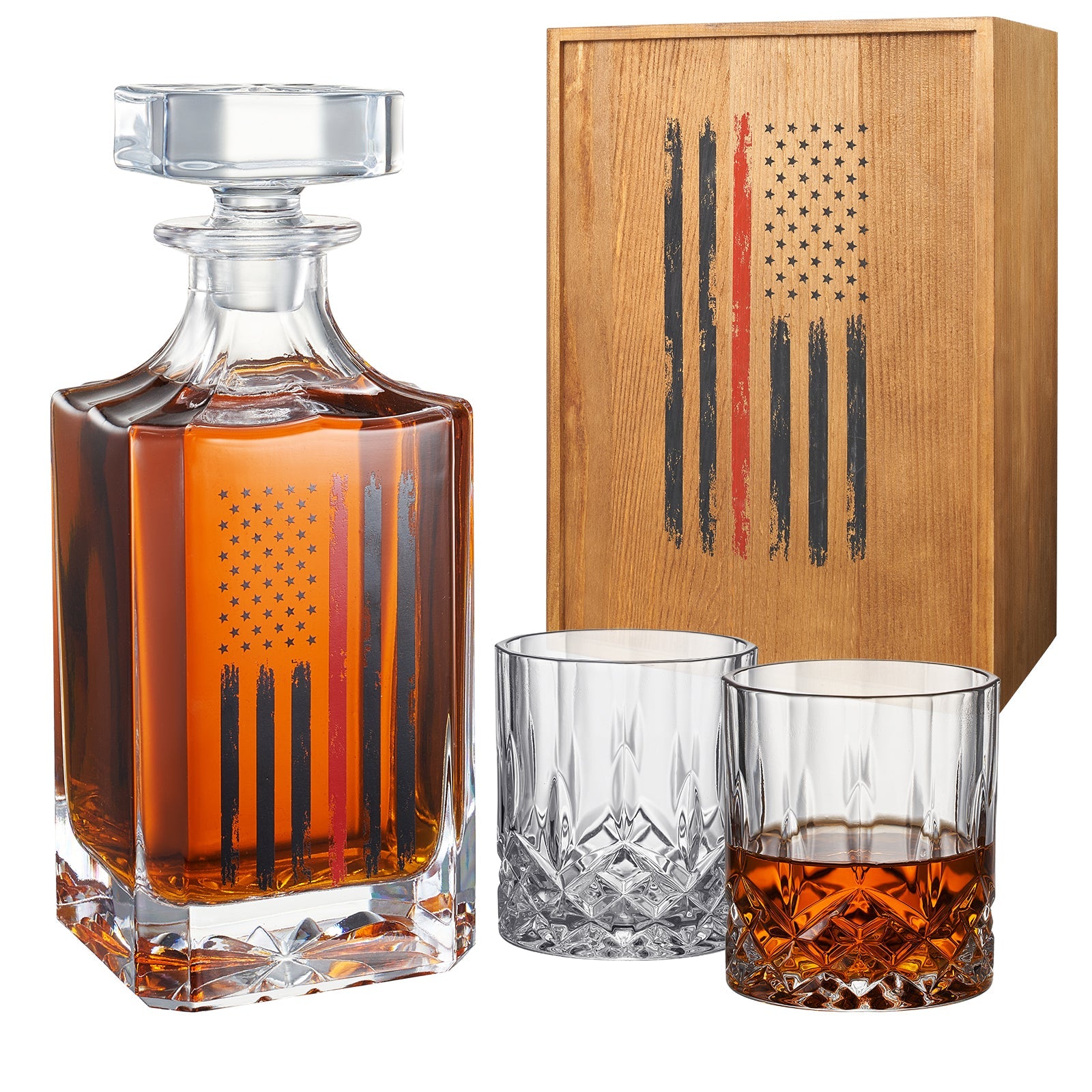 Firefighter whiskey decanter set with two glasses and red tactical American flag in wooden box