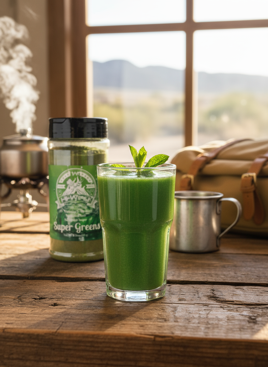 Super greens drink mix powder packaging showing spirulina and essential vitamins for daily gut health. — view 2