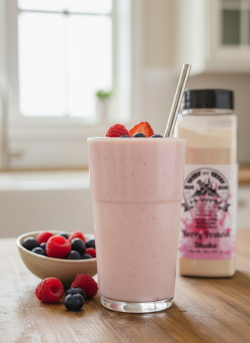 Hi-West berry protein shake bottle featuring 20g protein label and fresh berry graphics — view 2