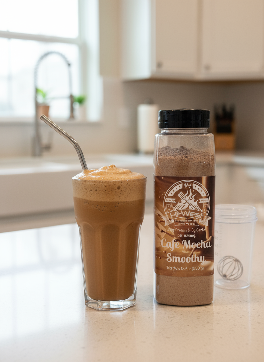 Hi-West Cafe Mocha protein smoothy mix packaging showing rich chocolate and coffee flavor details — view 2
