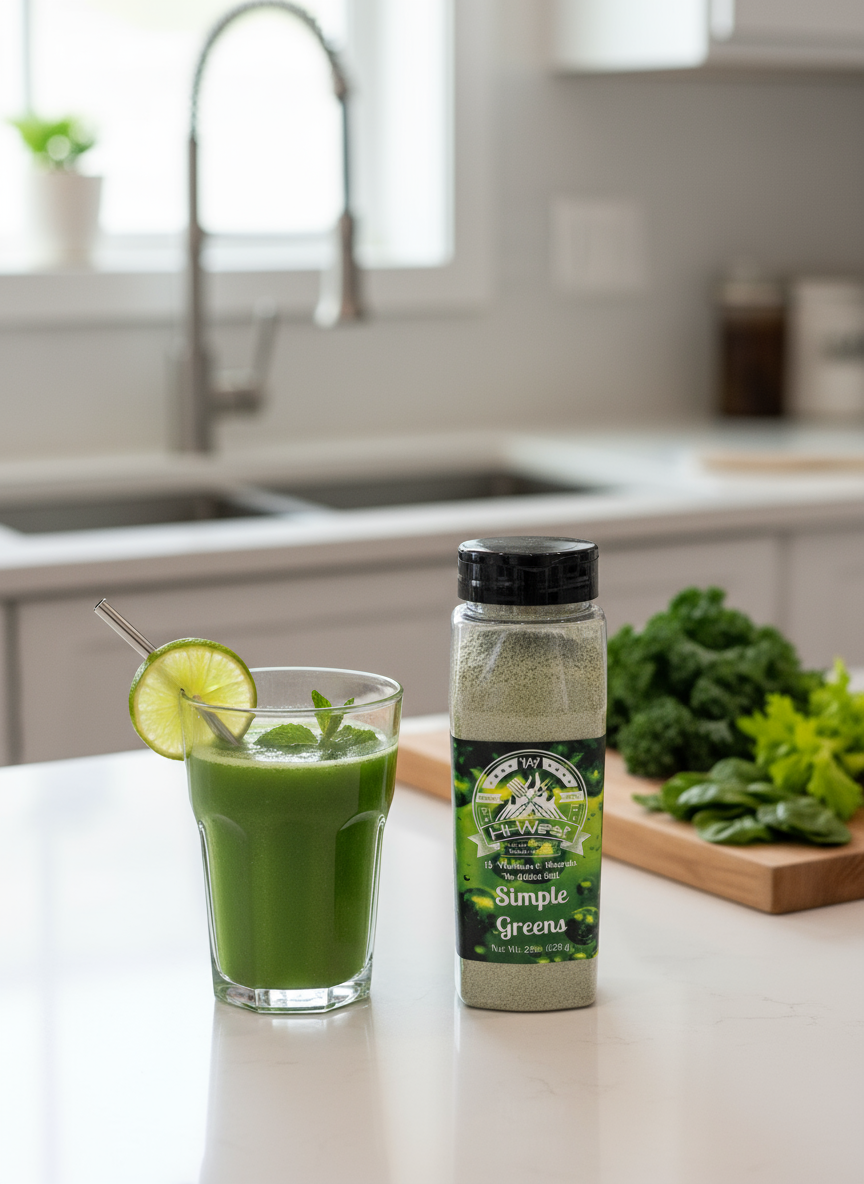 Hi-West Simple Greens Drink Mix powder packaging showcasing nutritional plant based protein and spirulina — view 2