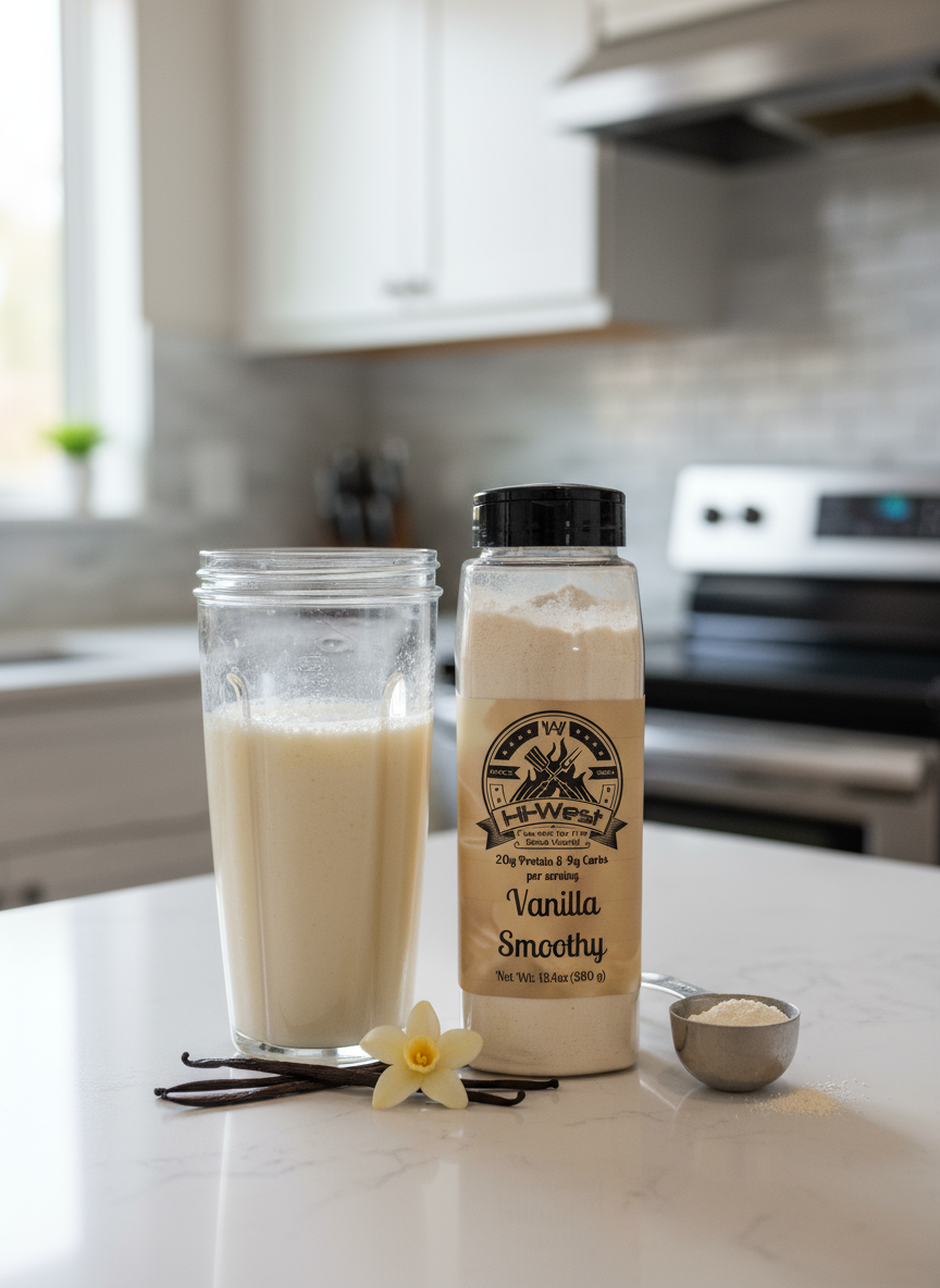 Vanilla protein shake bottle showing twenty grams of protein for fitness and muscle recovery — view 2