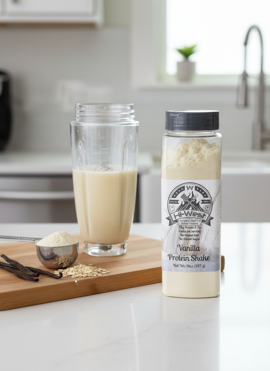 Vanilla protein shake bottle by Hi-West featuring twenty grams of protein and no added sugar — view 2
