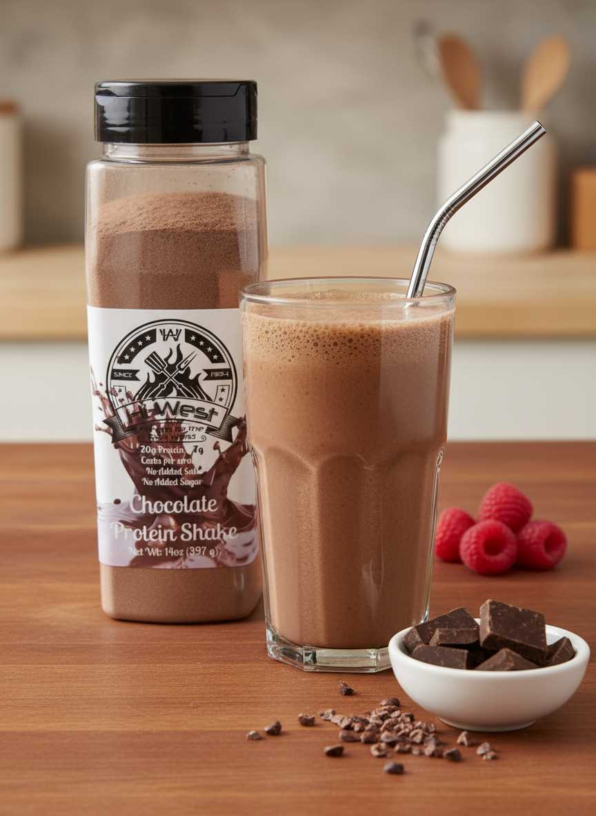 Hi-West chocolate protein shake beverage in a branded container for daily workout recovery — view 2