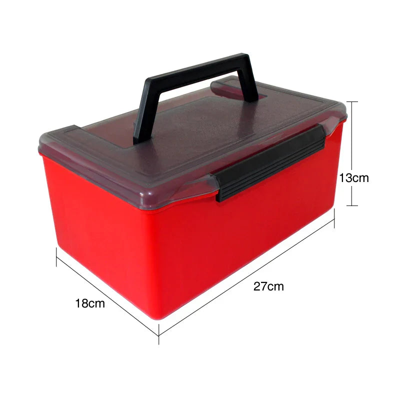Red PVC fishing tackle storage box with collapsible handle and organized internal compartments for lures — view 4