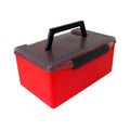 Red PVC fishing tackle storage box with collapsible handle and organized internal compartments for lures