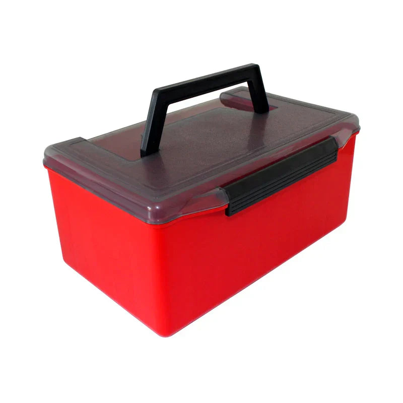 Red PVC fishing tackle storage box with collapsible handle and organized internal compartments for lures