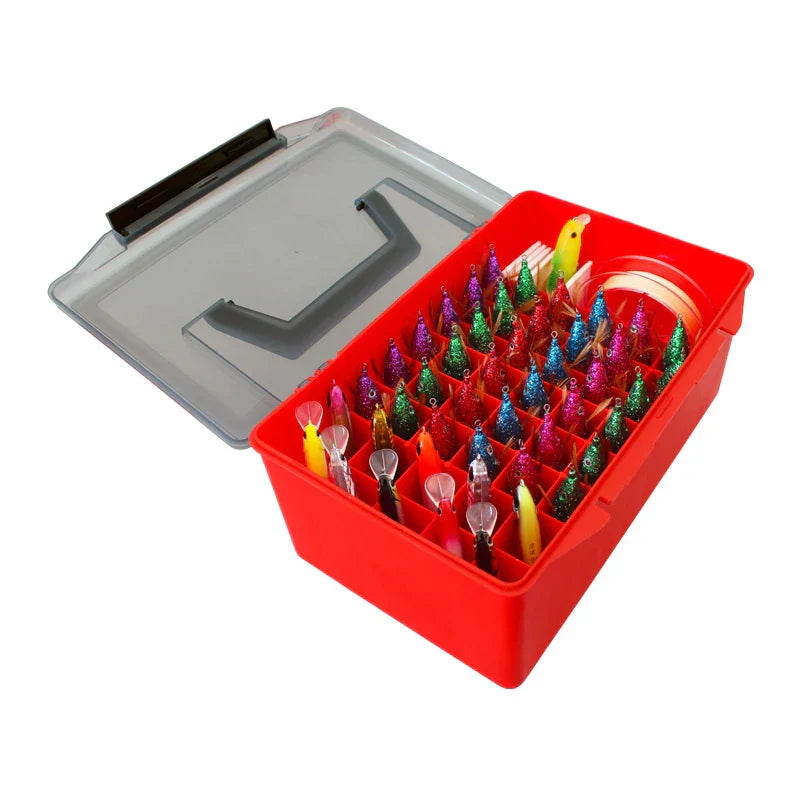 Red PVC fishing tackle storage box with collapsible handle and organized internal compartments for lures — view 2