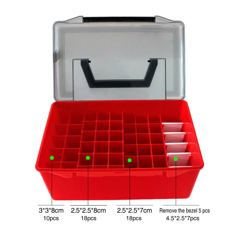 Red PVC fishing tackle storage box with collapsible handle and organized internal compartments for lures — view 3