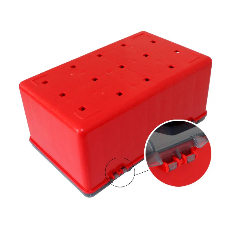 Red PVC fishing tackle storage box with collapsible handle and organized internal compartments for lures — view 5