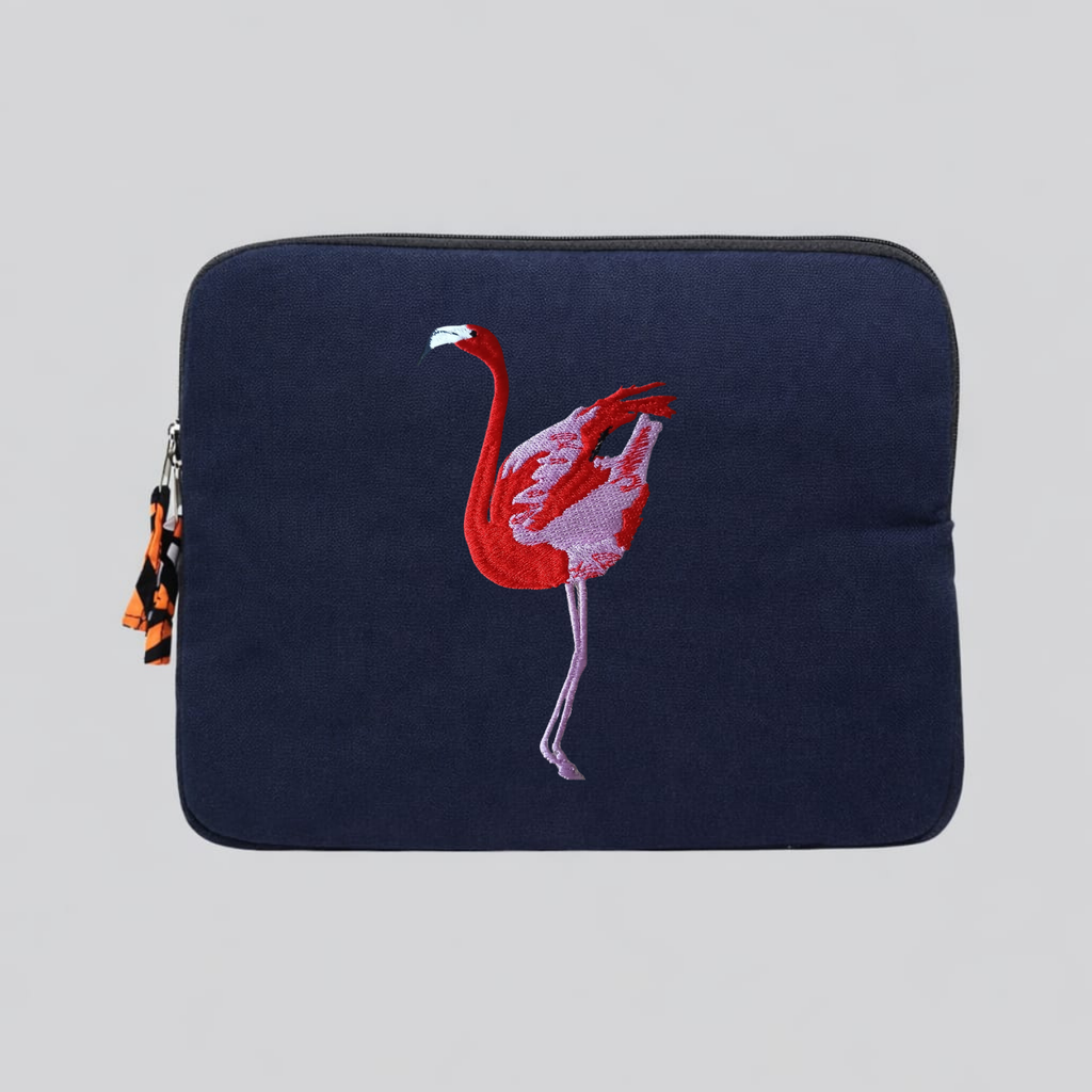 Flamingo laptop sleeve in warm earthy cotton canvas featuring detailed wildlife embroidery for 13-inch laptops — view 2