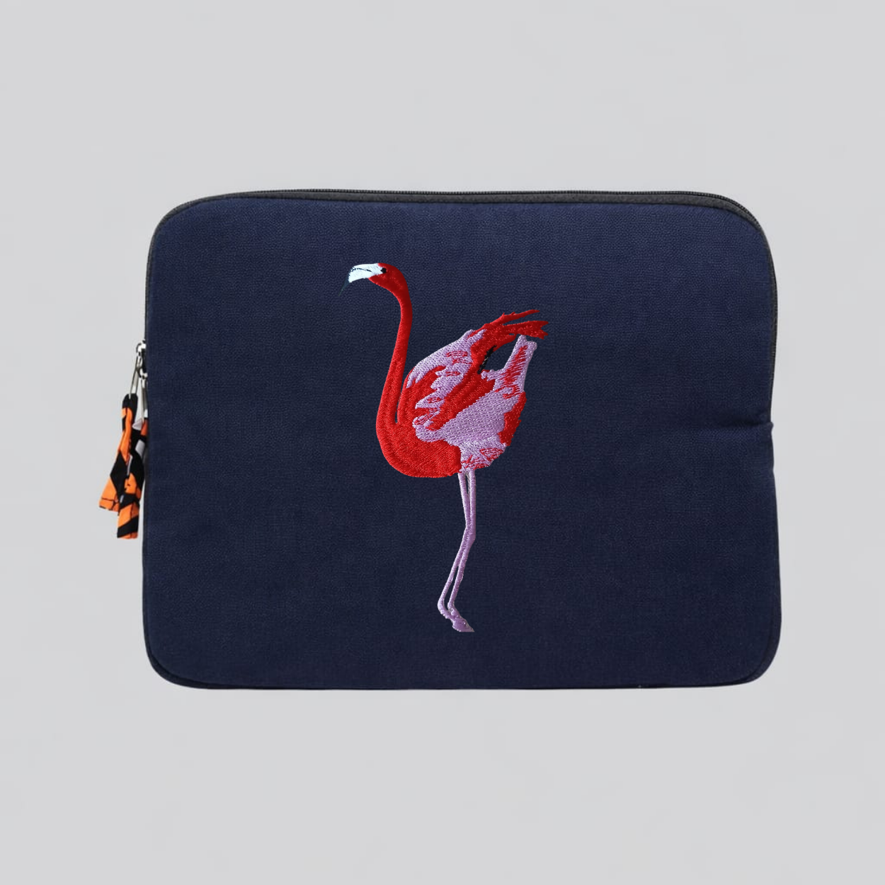 Flamingo laptop sleeve in warm earthy cotton canvas featuring detailed wildlife embroidery for 13-inch laptops — view 2