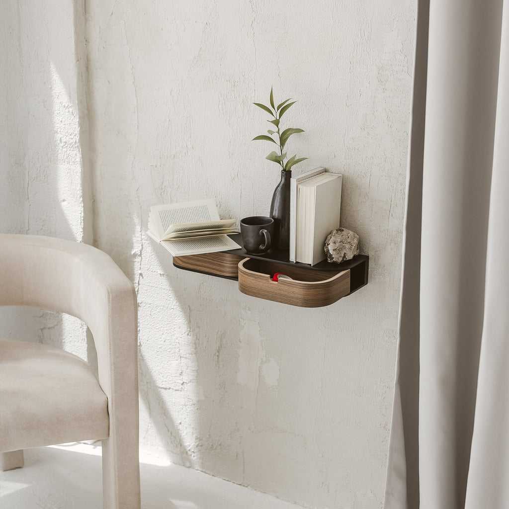 Wooden floating shelf with two drawers, minimalist Scandinavian wall mounted vanity desk in oak finish. — view 5