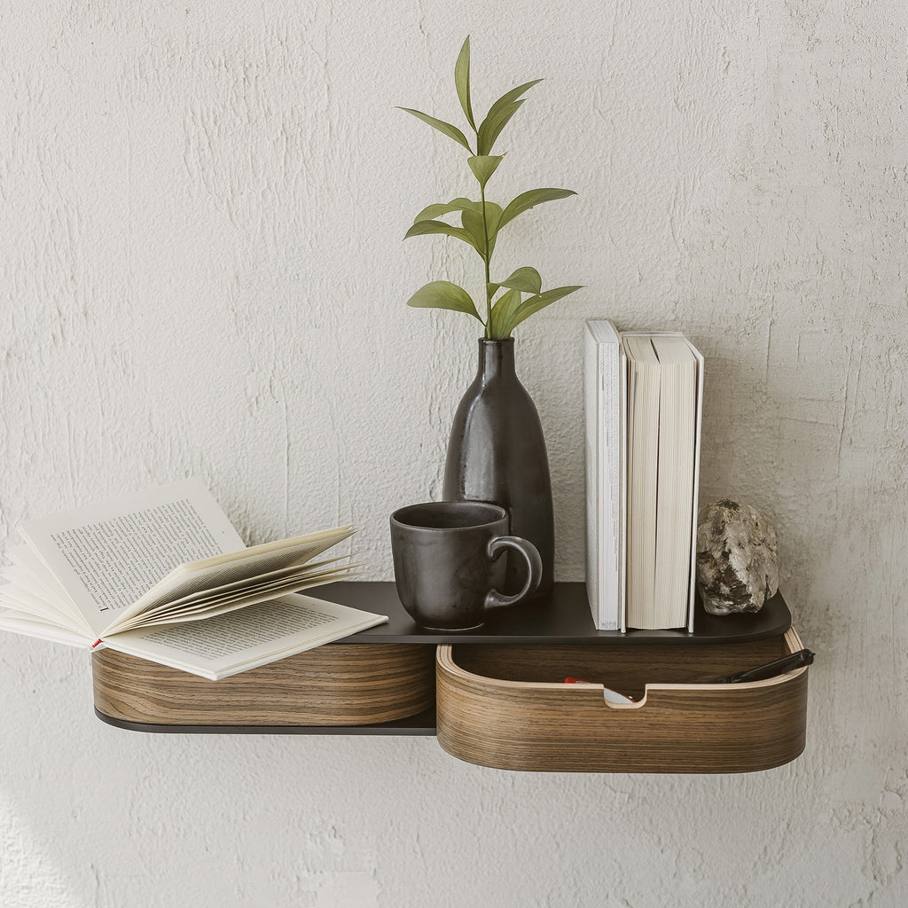 Wooden floating shelf with two drawers, minimalist Scandinavian wall mounted vanity desk in oak finish. — view 4