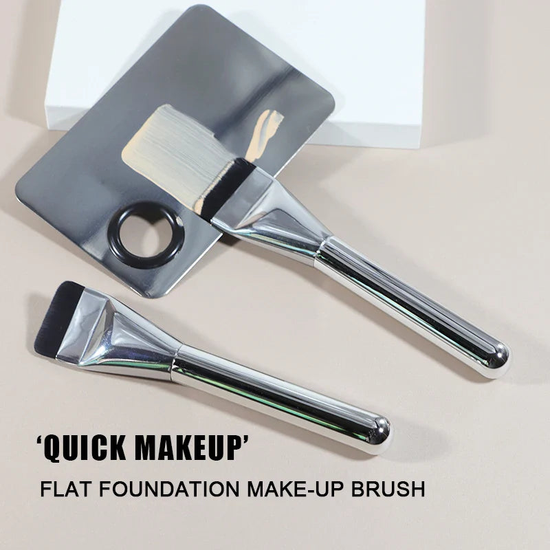 Flat foundation makeup brush with a durable plastic handle and densely packed soft synthetic bristles