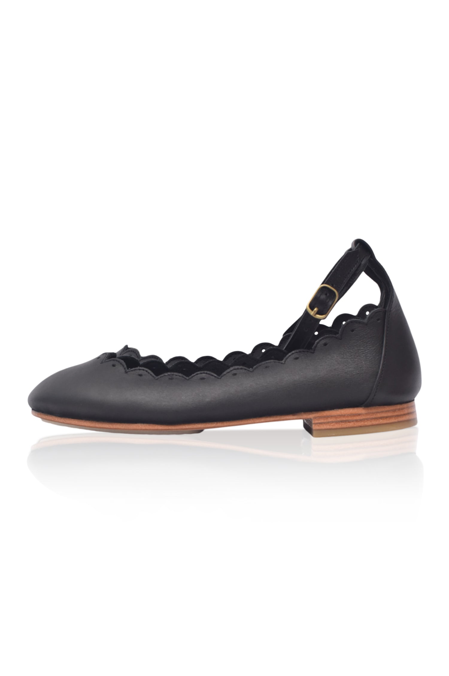 Beige genuine leather scalloped ankle strap flats with round toe and small cutouts — view 5