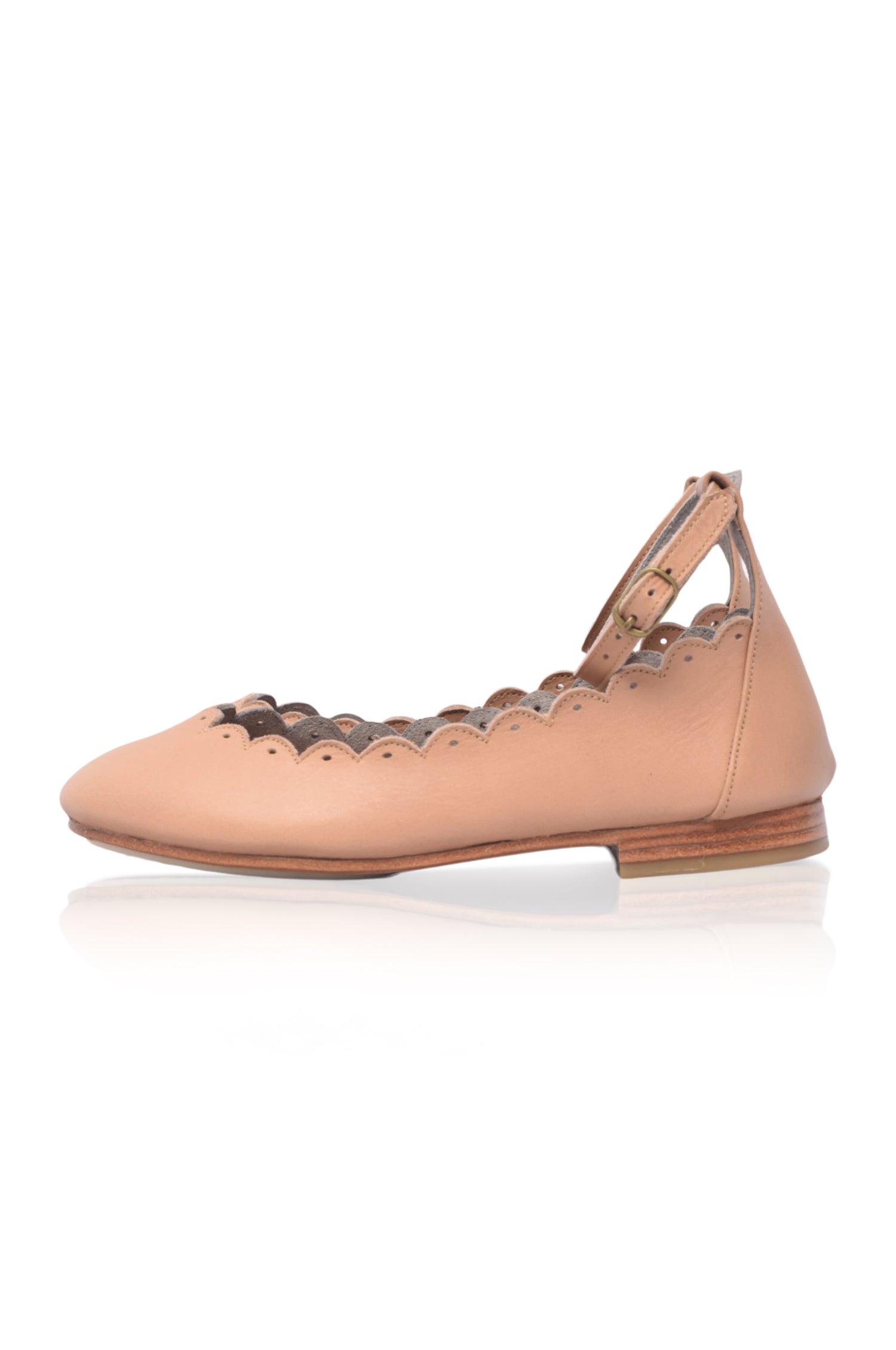 Beige genuine leather scalloped ankle strap flats with round toe and small cutouts — view 4