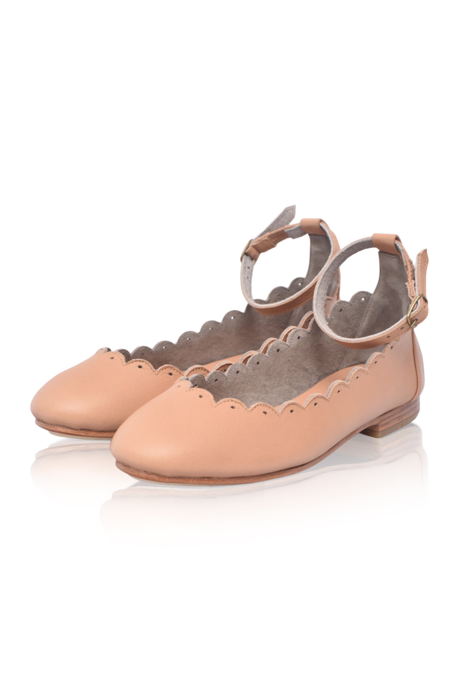 Beige genuine leather scalloped ankle strap flats with round toe and small cutouts — view 3