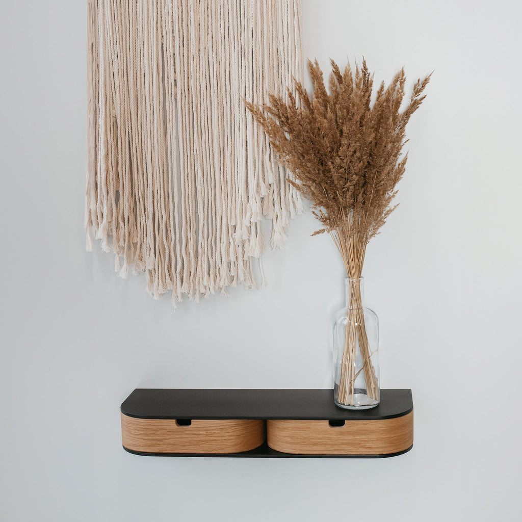 Wooden floating shelf with two drawers, minimalist Scandinavian wall mounted vanity desk in oak finish. — view 3