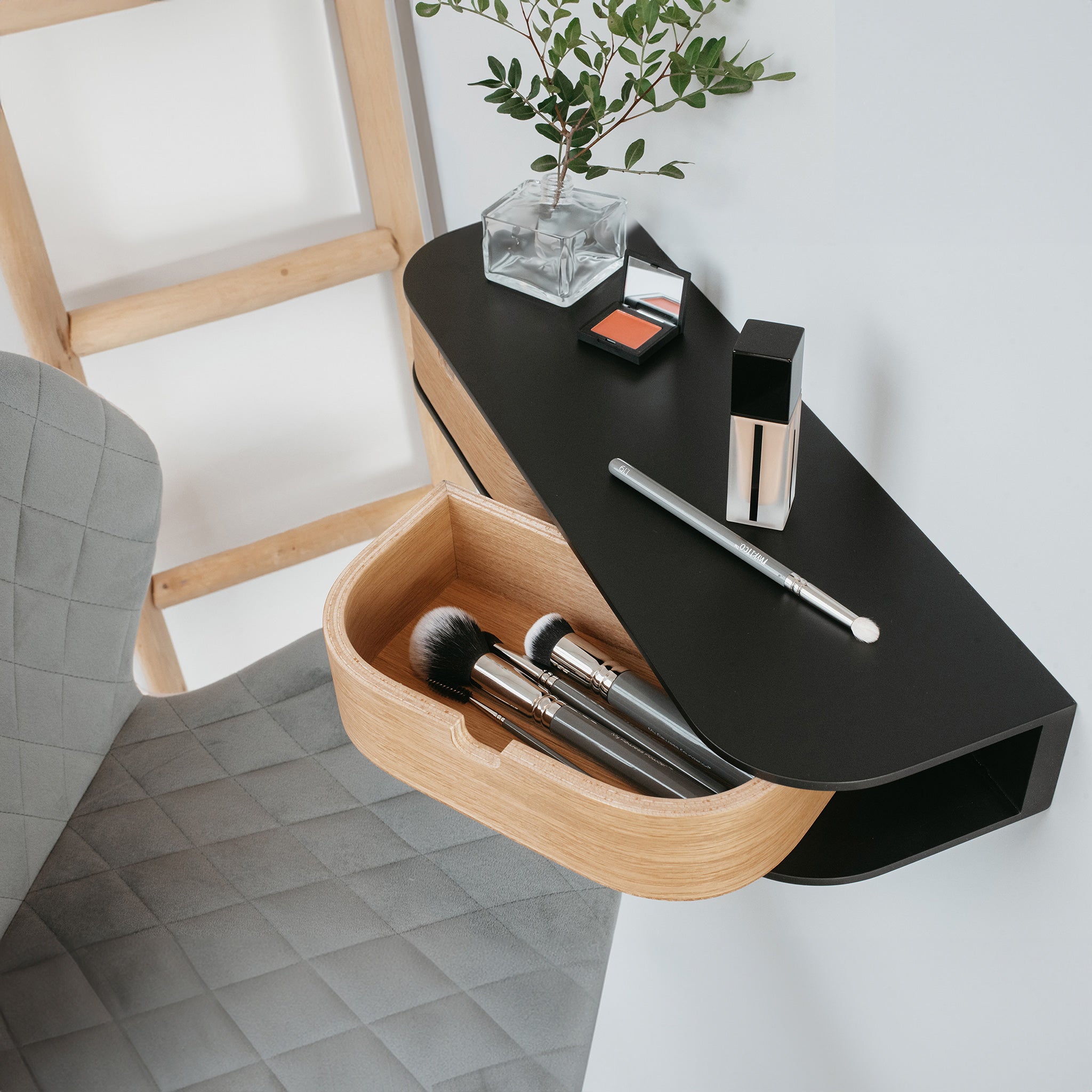 Wooden floating shelf with two drawers, minimalist Scandinavian wall mounted vanity desk in oak finish. — view 2