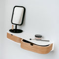 Wooden floating shelf with two drawers, minimalist Scandinavian wall mounted vanity desk in oak finish.
