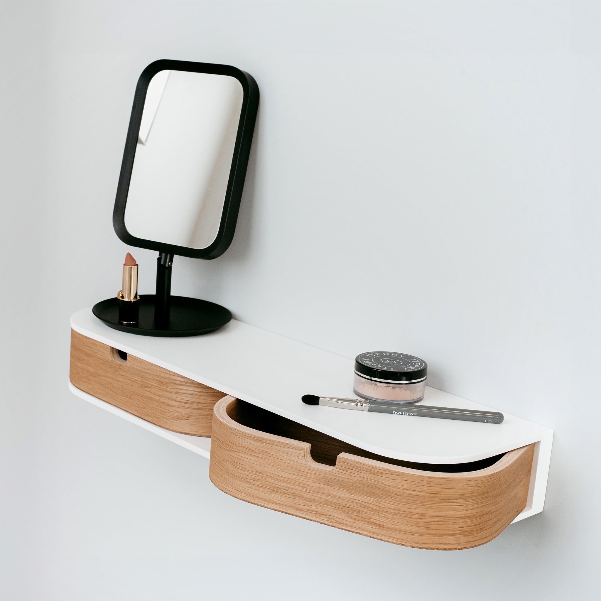 Wooden floating shelf with two drawers, minimalist Scandinavian wall mounted vanity desk in oak finish.
