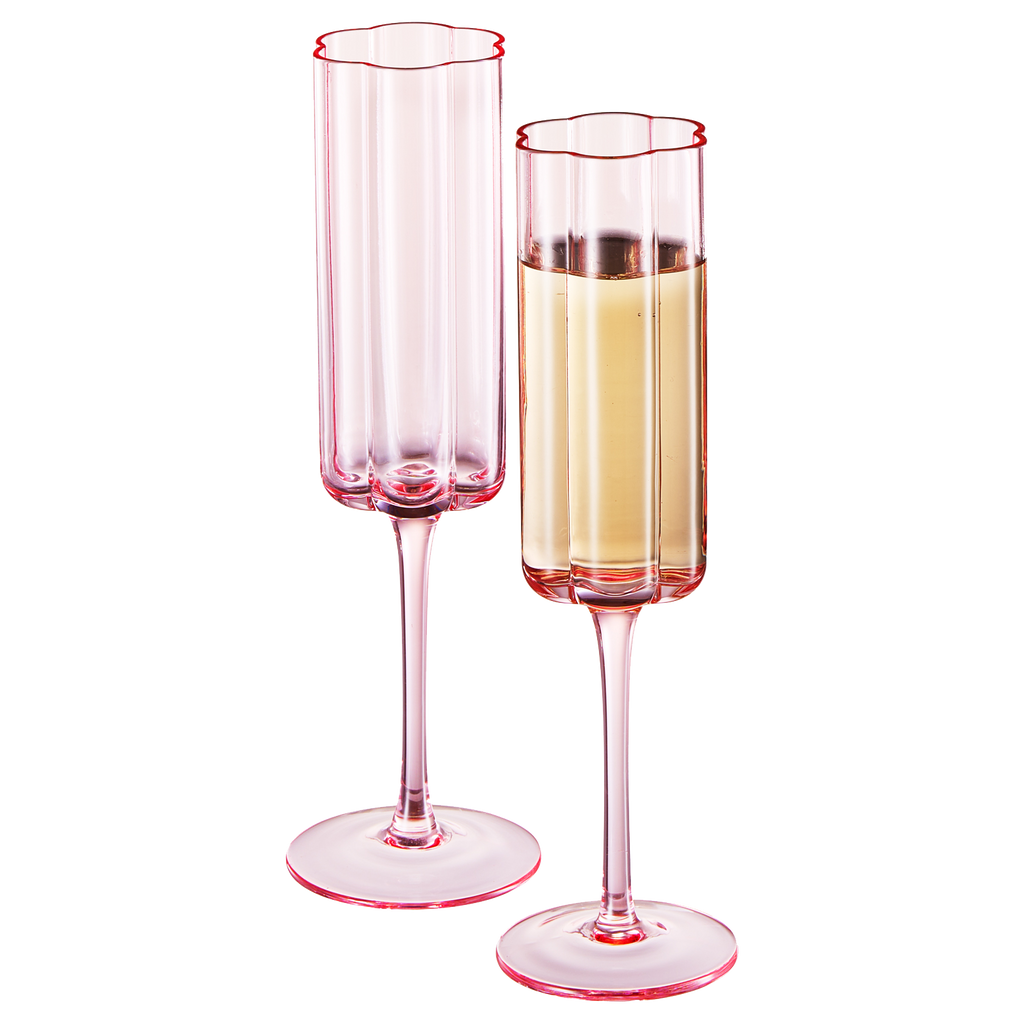 Pink flower champagne flutes set of two, elegant vintage tinted glassware for prosecco and wine — view 2