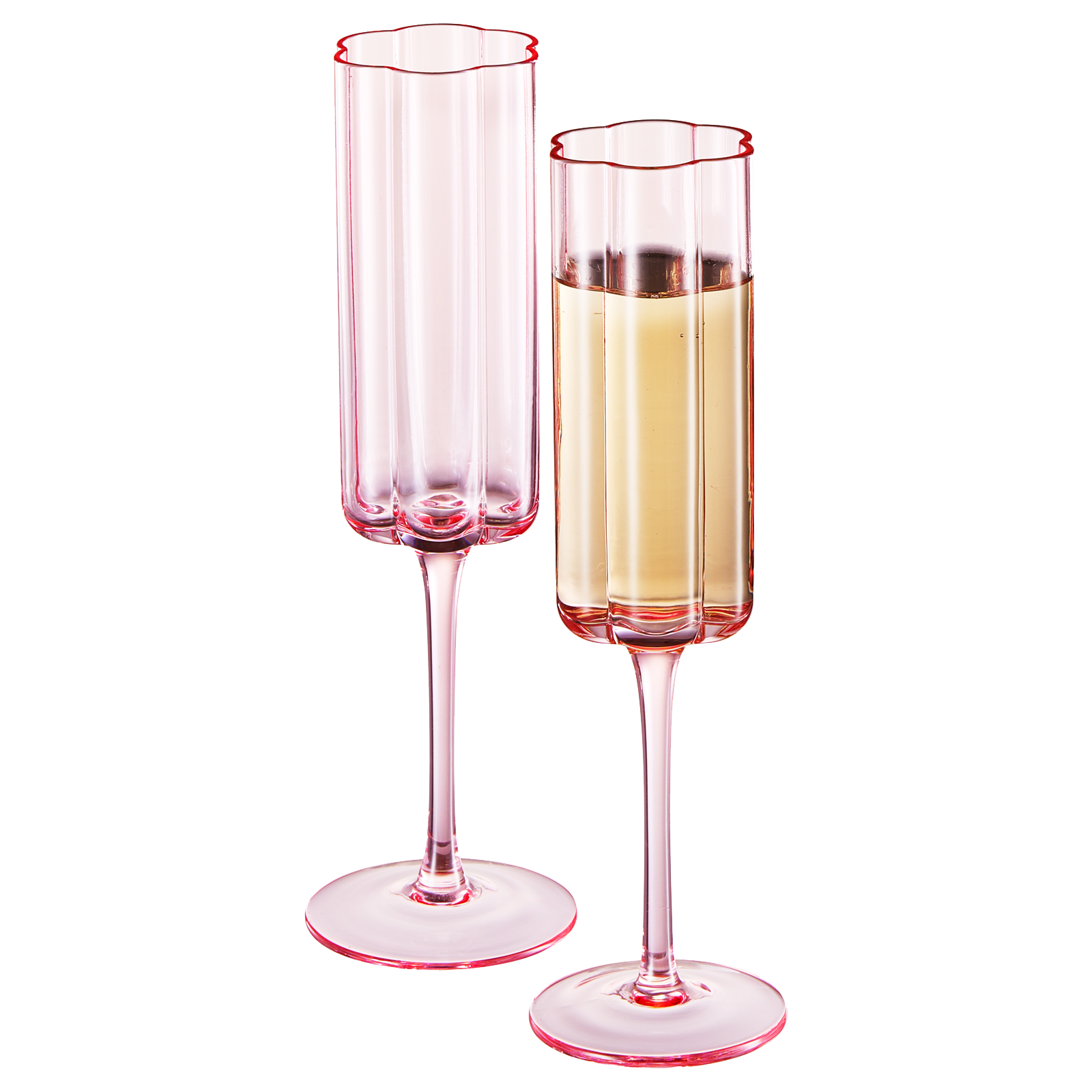 Pink flower champagne flutes set of two, elegant vintage tinted glassware for prosecco and wine — view 2