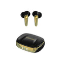 Matte black and gold active noise cancelling wireless earbuds with protective charging case