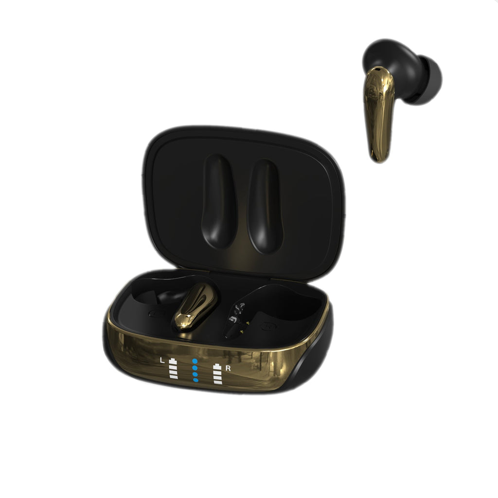 Matte black and gold active noise cancelling wireless earbuds with protective charging case — view 2